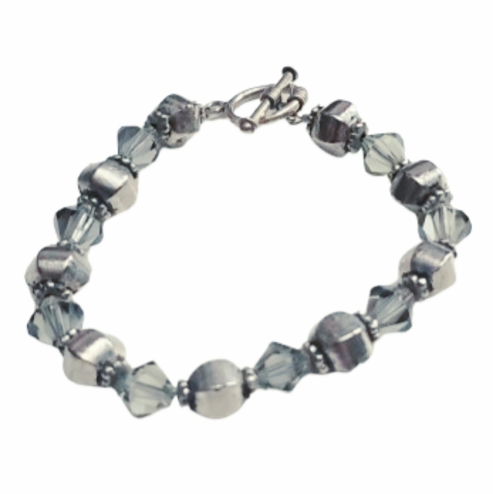 SS Metal Beads With Clear Crystal Swarovski Beads Toggle Bracelet